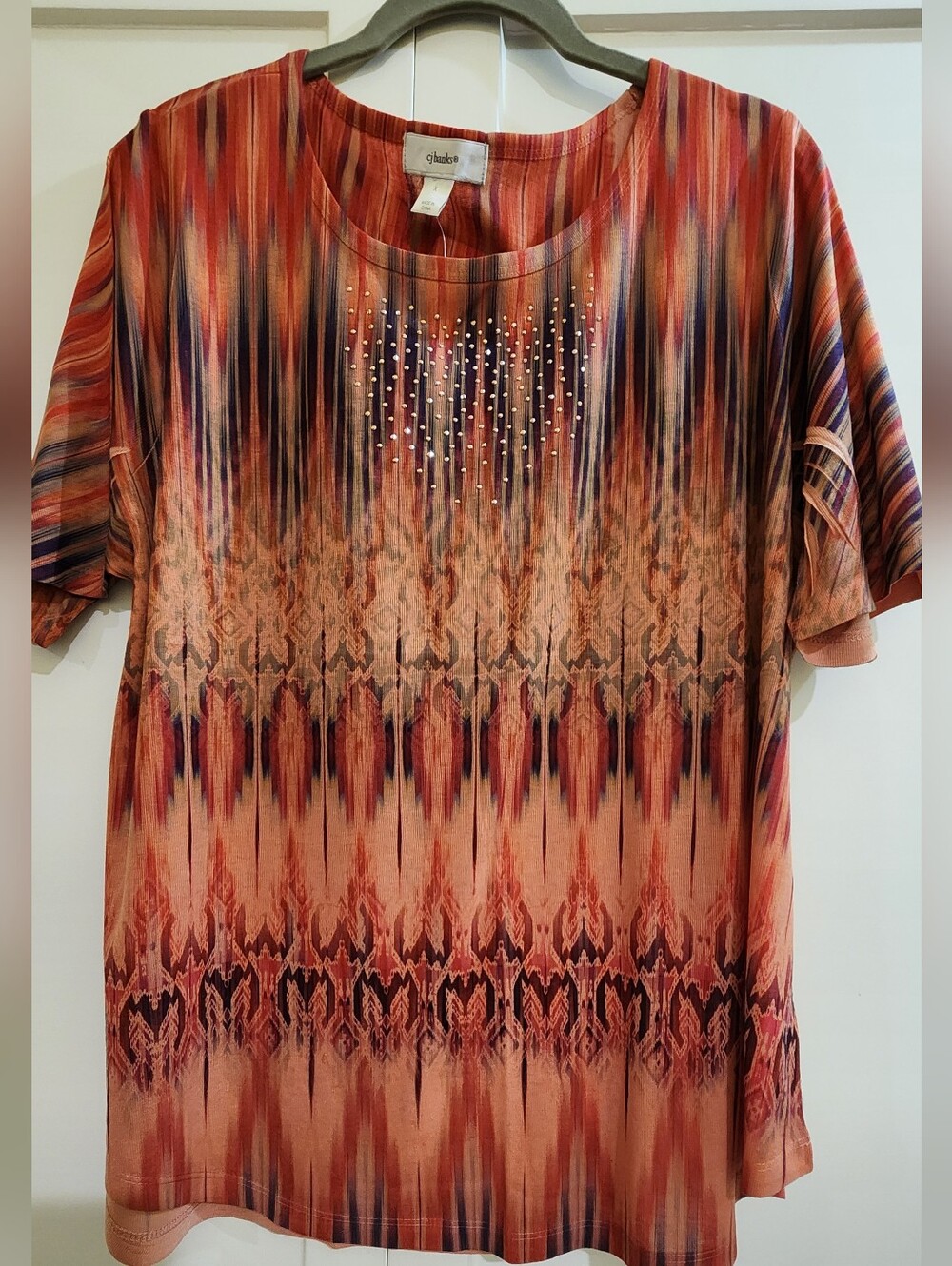 CJ Bank Rust and Navy Patterned Short-Sleeve Top with Rhinestones